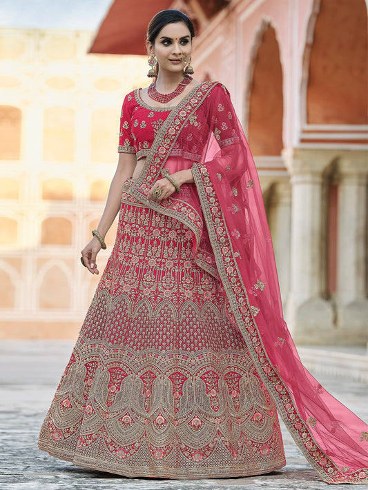 Odette Women Pink Velvet Soft Net Semi Stitched Lehenga With Unstitched Blouse