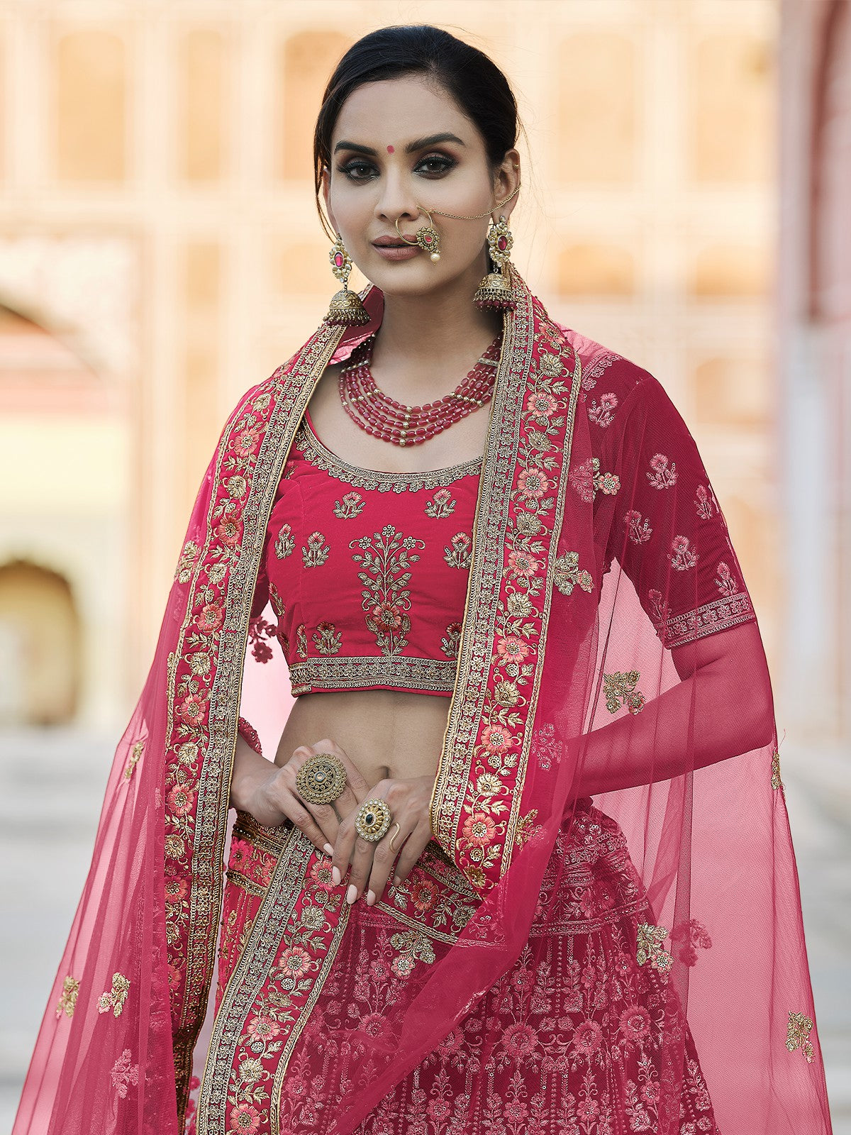 Odette Women Pink Velvet Soft Net Semi Stitched Lehenga With Unstitched Blouse