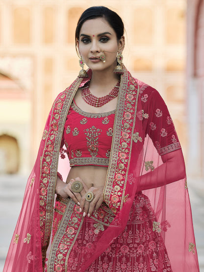 Odette Women Pink Velvet Soft Net Semi Stitched Lehenga With Unstitched Blouse