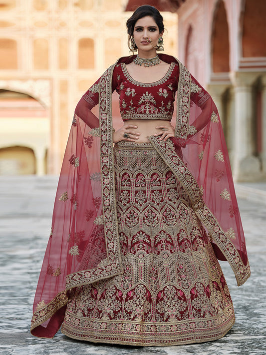Odette Women Maroon Soft Net Hand Work And Embroidery Semi Stitched Lehenga With Unstitched Blouse
