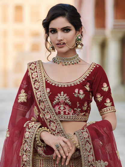 Odette Women Maroon Soft Net Hand Work And Embroidery Semi Stitched Lehenga With Unstitched Blouse