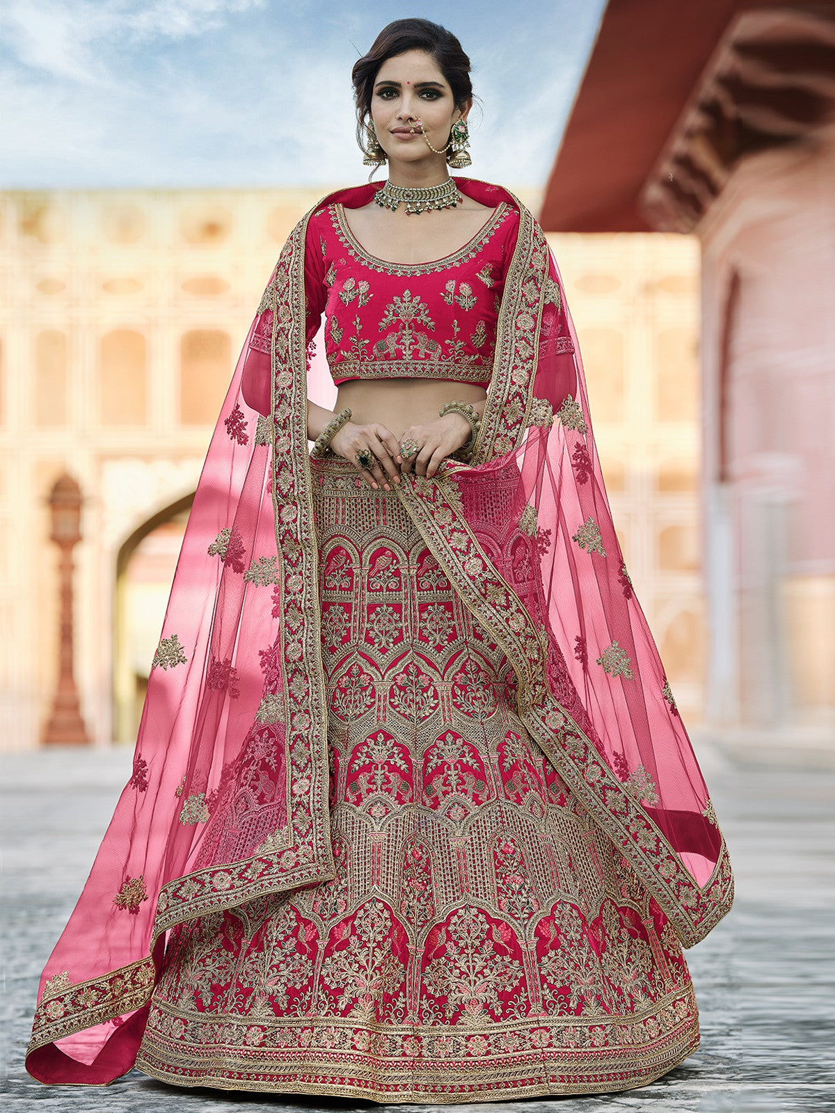 Odette Women Fancy Pink Semi Stitched Lehenga With Unstitched Blouse
