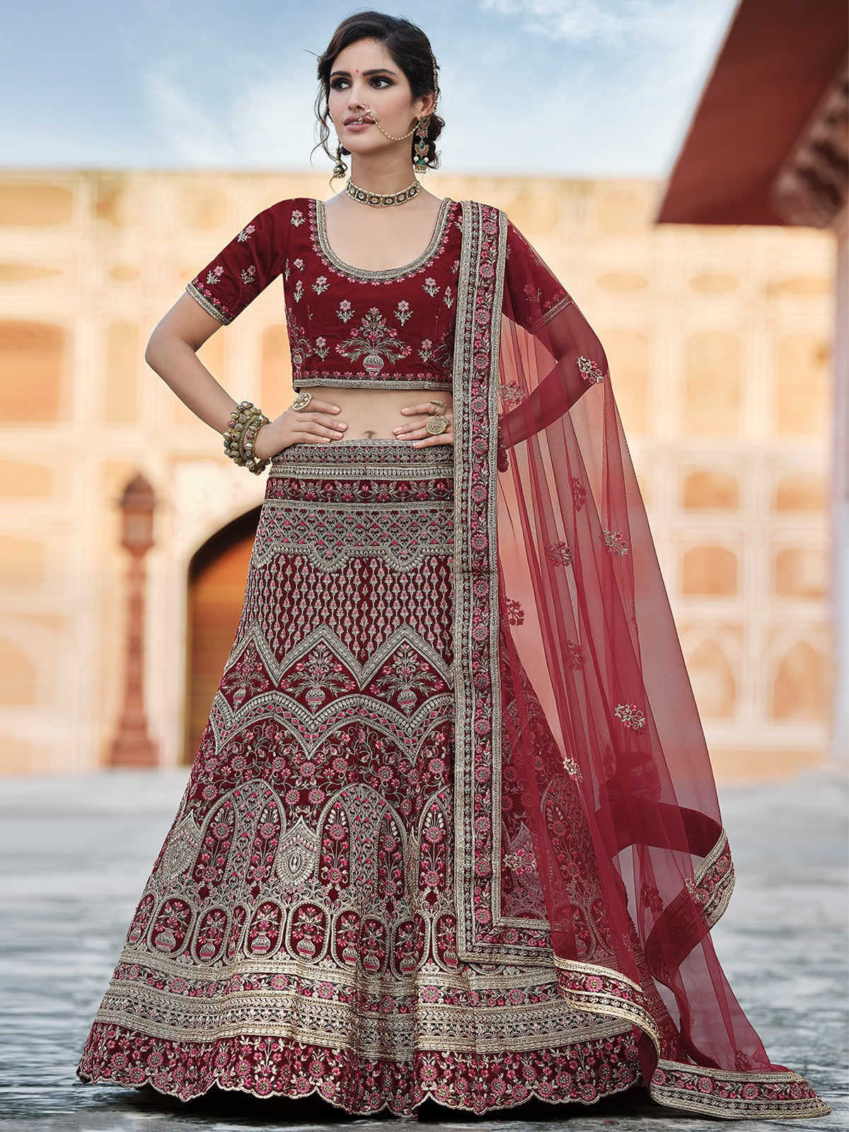 Odette Women Maroon Stunning Semi Stitched Lehenga With Unstitched Blouse