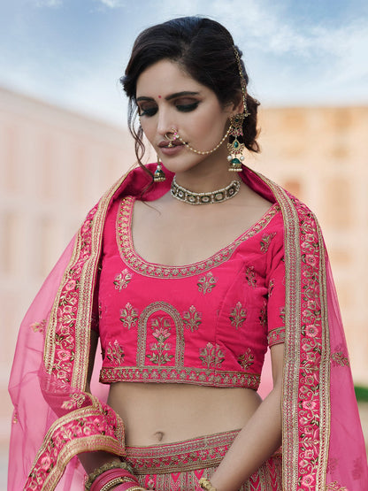 Odette Women Festive Pink Semi Stitched Lehenga With Unstitched Blouse