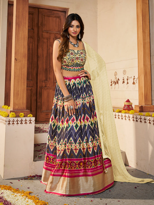 Odette Women Light Yellow Silk Printed Semi Stitched Lehenga With Unstitched Blouse