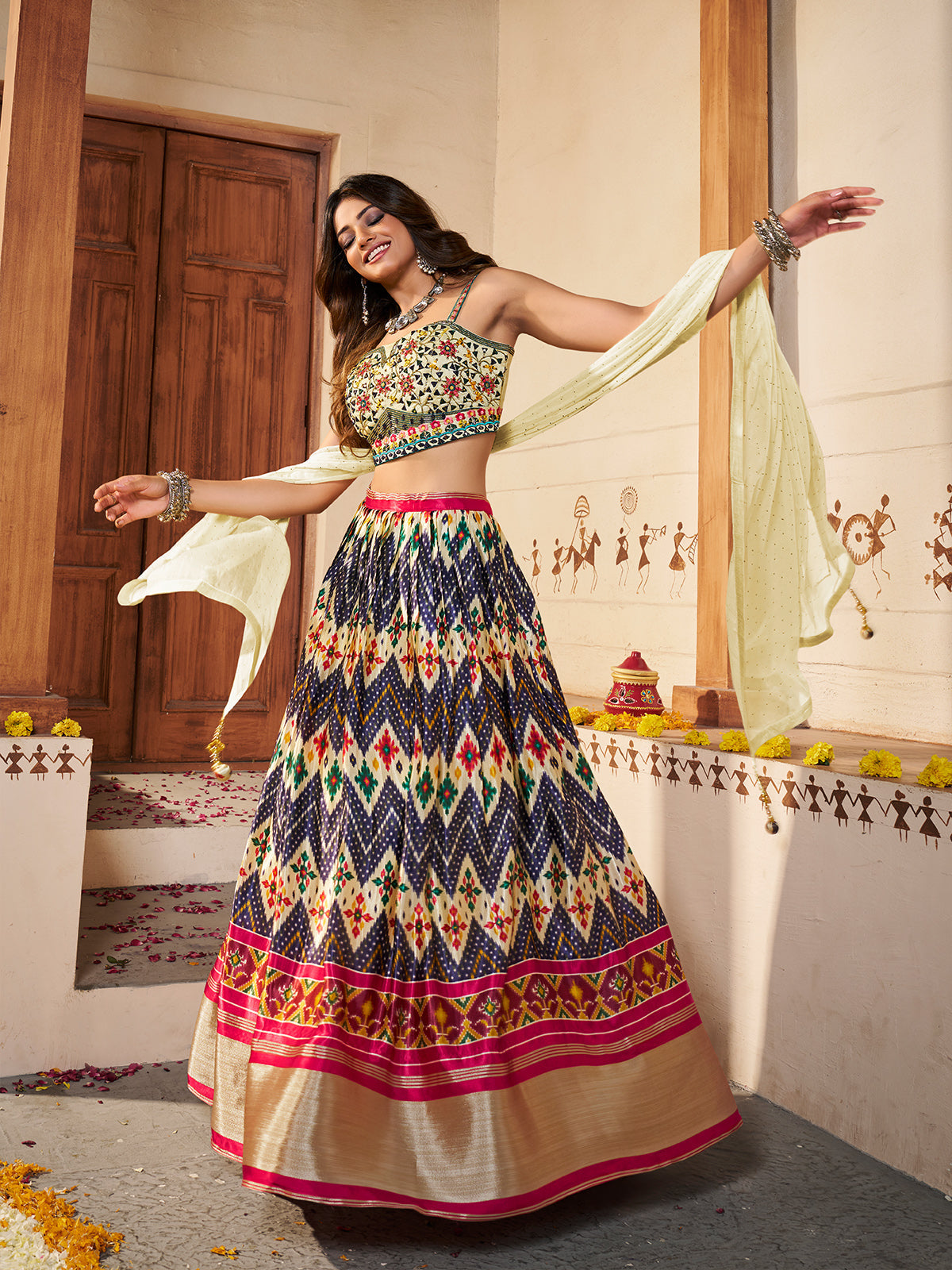 Odette Women Light Yellow Silk Printed Semi Stitched Lehenga With Unstitched Blouse