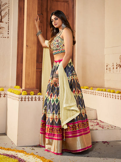 Odette Women Light Yellow Silk Printed Semi Stitched Lehenga With Unstitched Blouse
