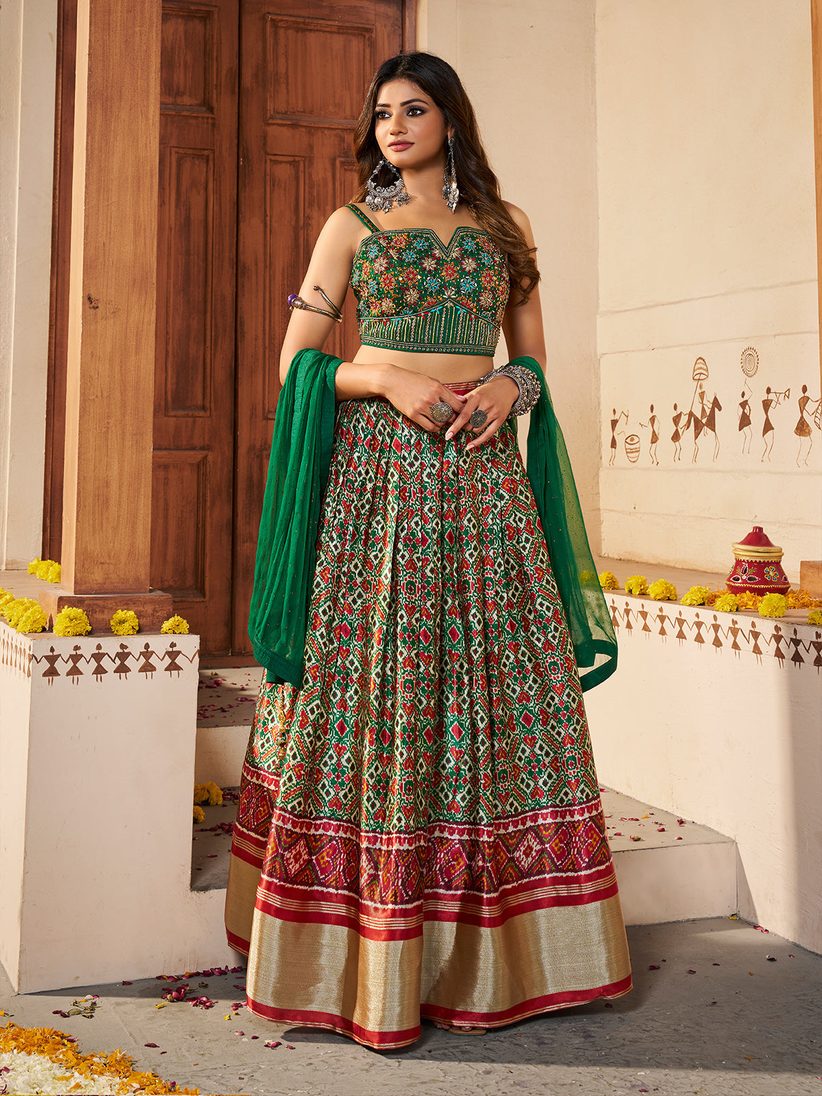 Odette Women Green Silk Printed Semi Stitched Lehenga With Unstitched Blouse