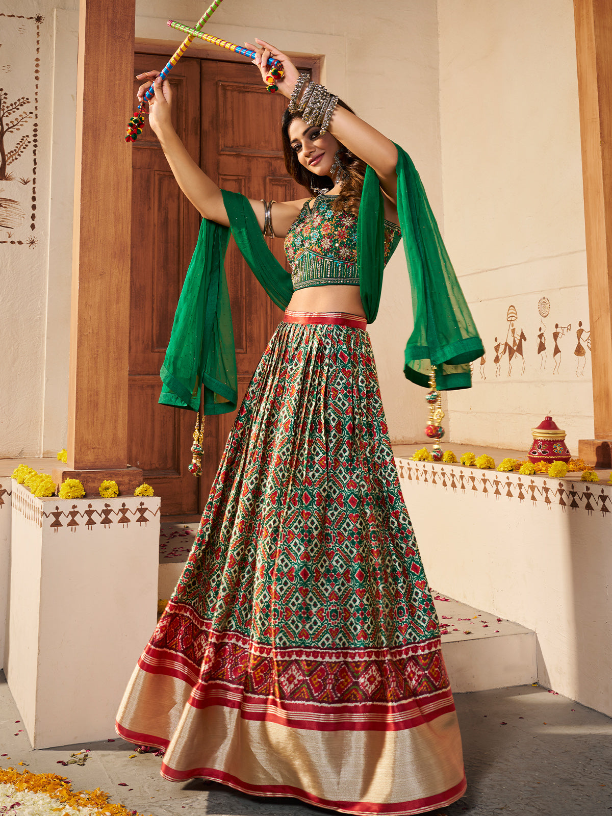 Odette Women Green Silk Printed Semi Stitched Lehenga With Unstitched Blouse