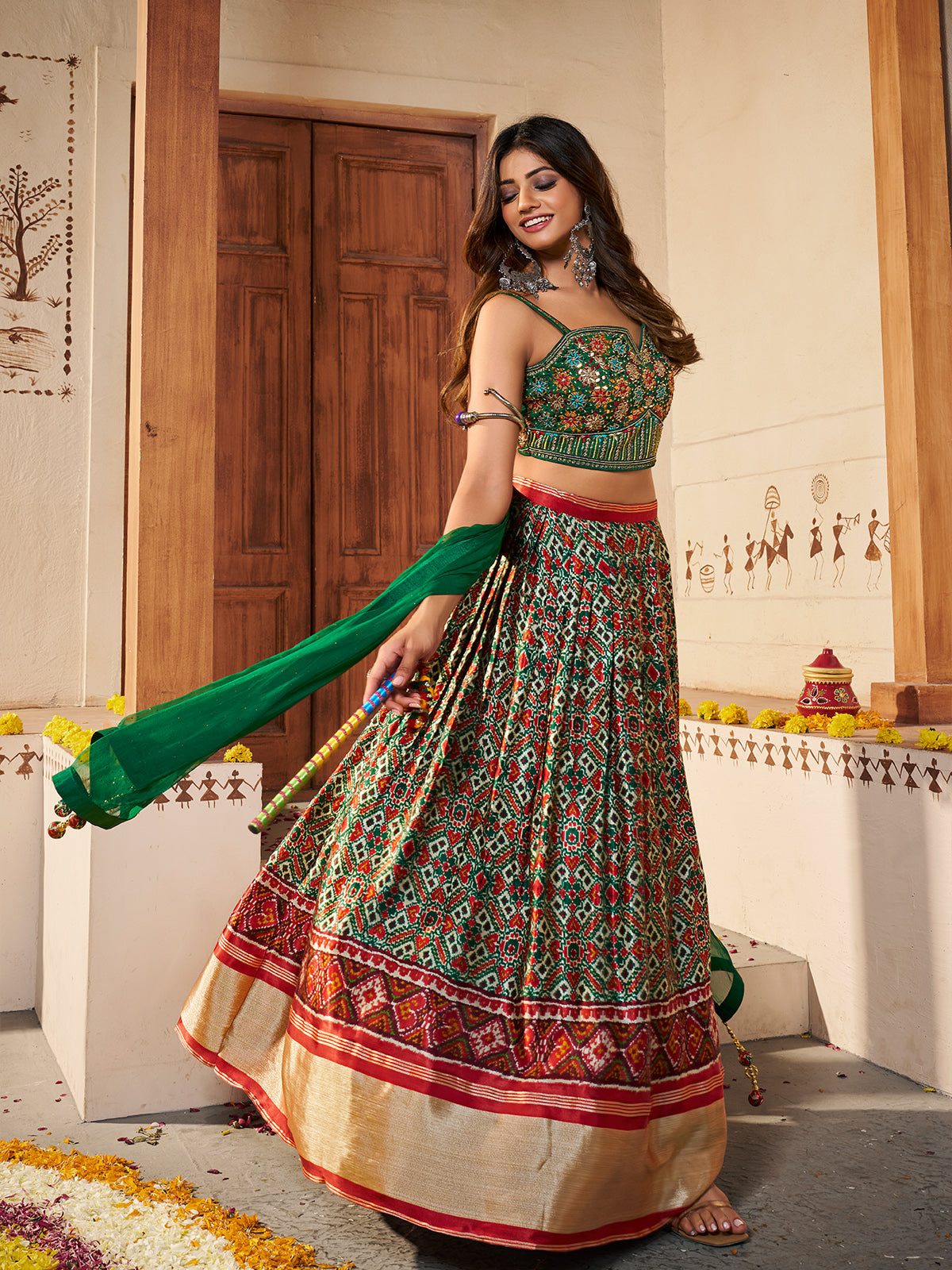 Odette Women Green Silk Printed Semi Stitched Lehenga With Unstitched Blouse