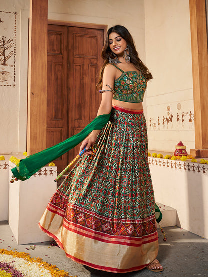 Odette Women Green Silk Printed Semi Stitched Lehenga With Unstitched Blouse