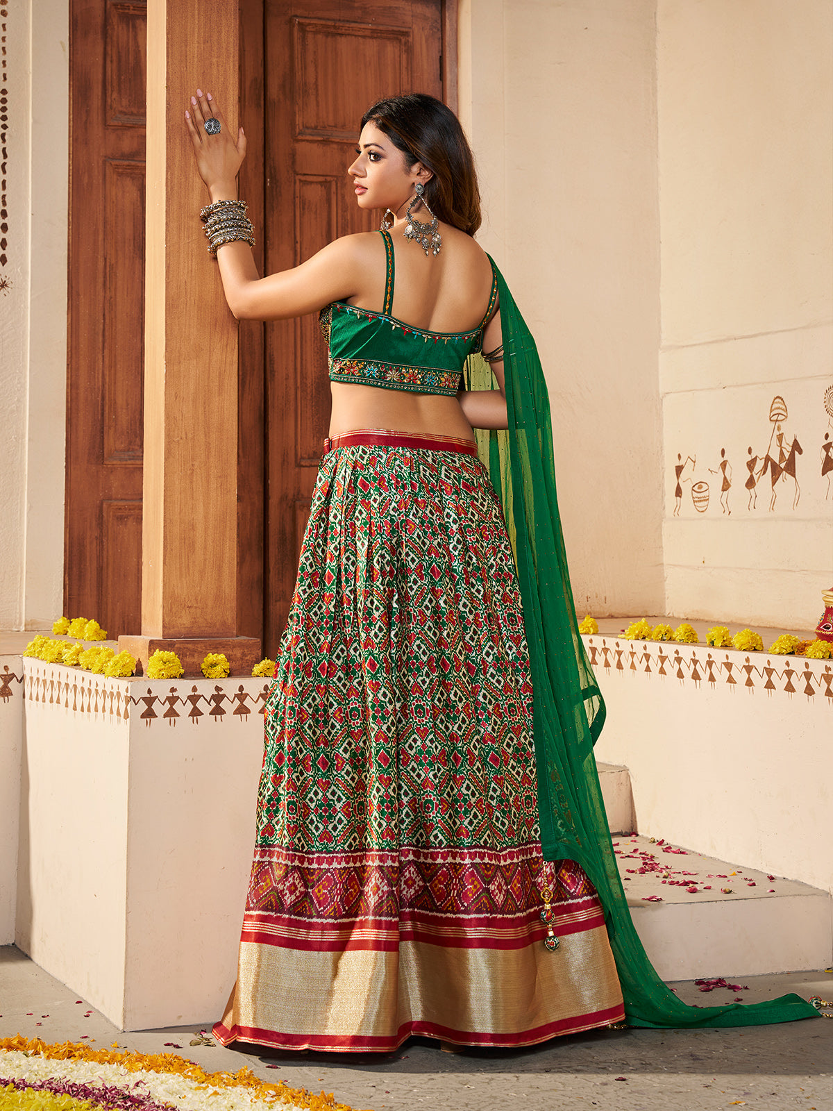 Odette Women Green Silk Printed Semi Stitched Lehenga With Unstitched Blouse