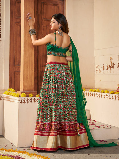 Odette Women Green Silk Printed Semi Stitched Lehenga With Unstitched Blouse
