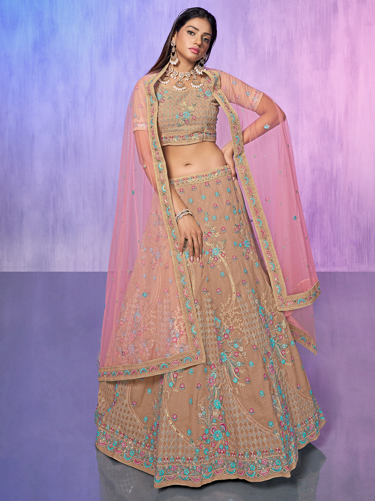 Odette Beige Embroidered Georgette Semi Stitched Lehenga With Unstitched Blouse For Women