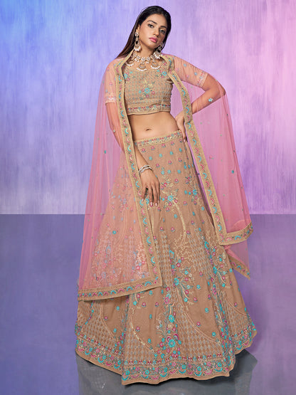 Odette Beige Embroidered Georgette Semi Stitched Lehenga With Unstitched Blouse For Women