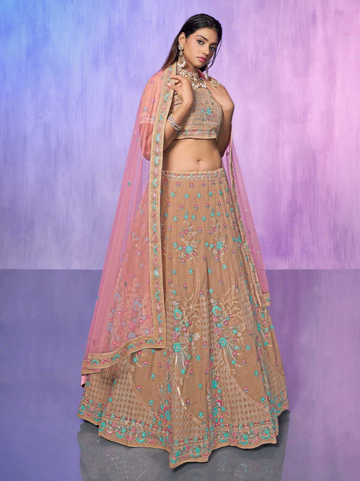 Odette Beige Embroidered Georgette Semi Stitched Lehenga With Unstitched Blouse For Women
