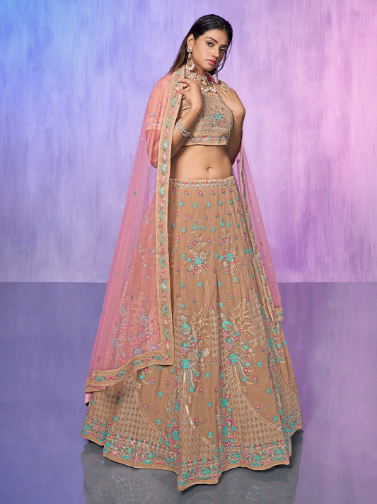 Odette Beige Embroidered Georgette Semi Stitched Lehenga With Unstitched Blouse For Women