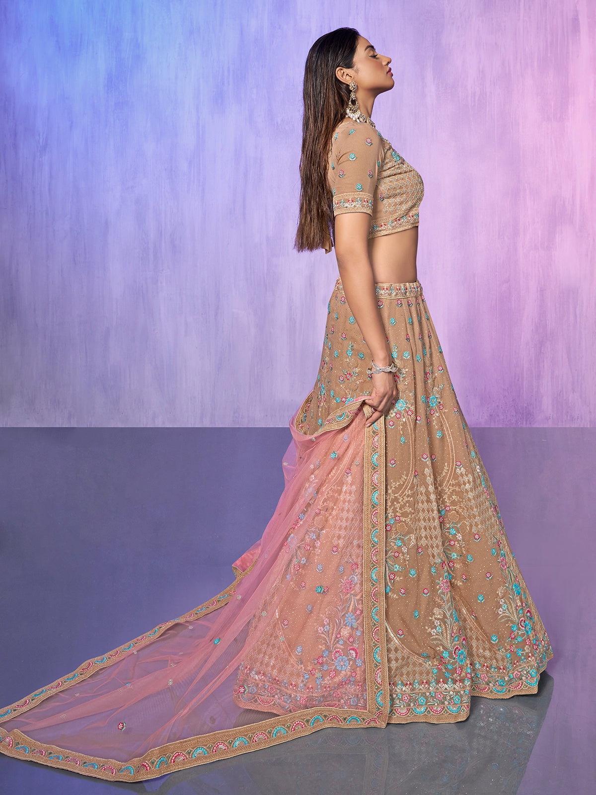 Odette Beige Embroidered Georgette Semi Stitched Lehenga With Unstitched Blouse For Women