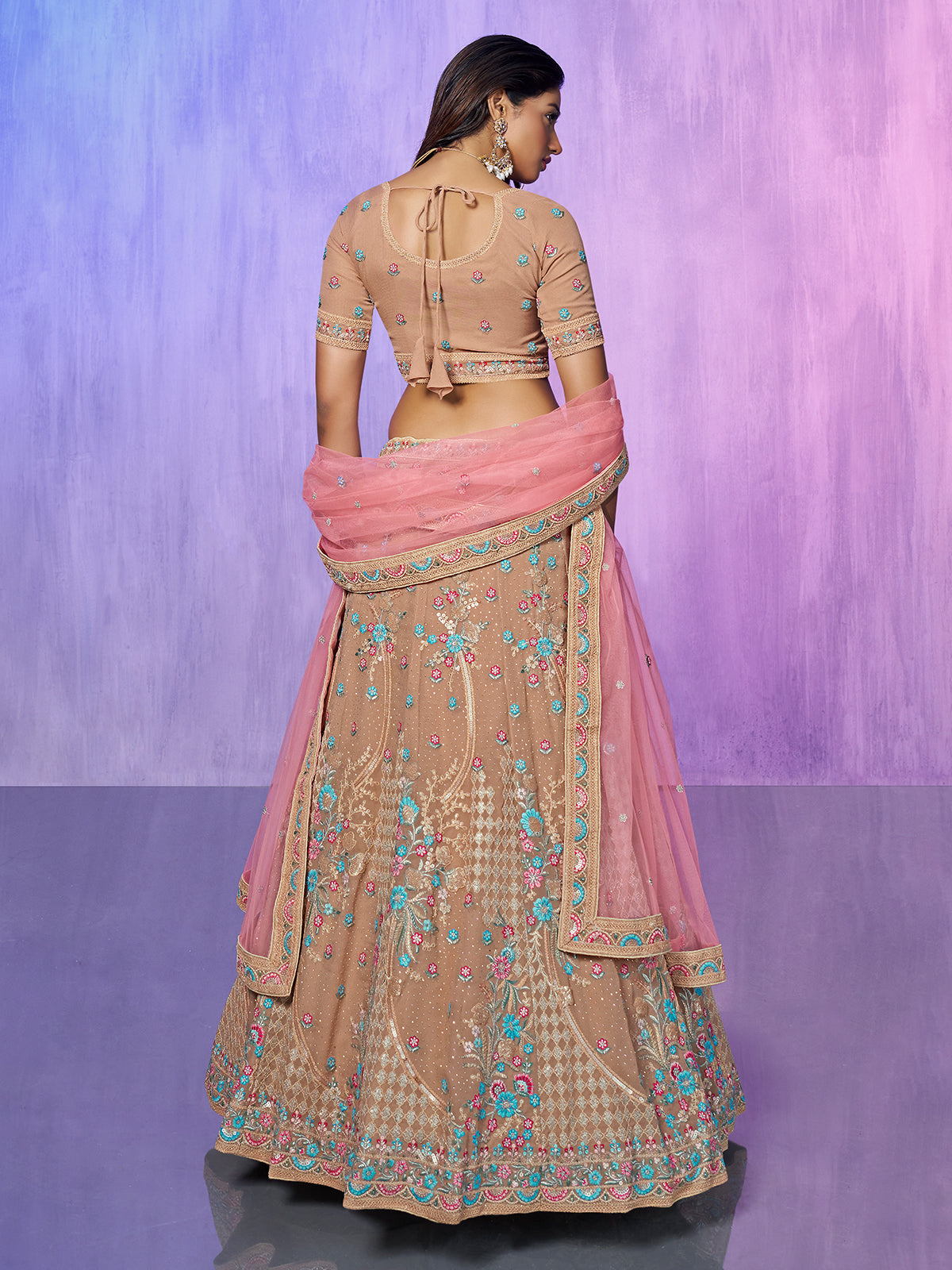 Odette Beige Embroidered Georgette Semi Stitched Lehenga With Unstitched Blouse For Women