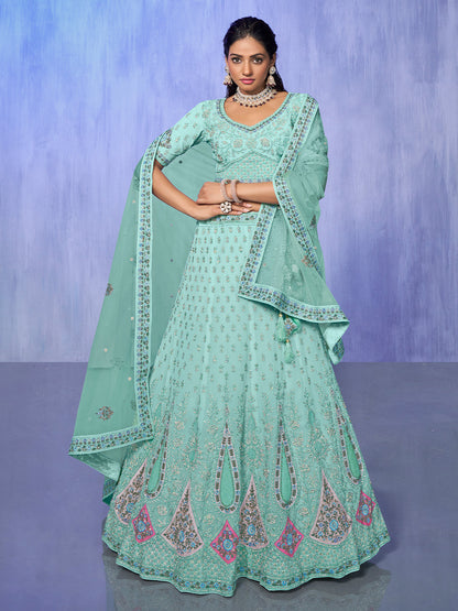 Odette Sea Green Embroidered Organza Semi Stitched Lehenga With Unstitched Blouse For Women