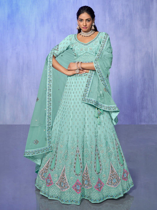 Odette Sea Green Embroidered Organza Semi Stitched Lehenga With Unstitched Blouse For Women