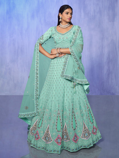 Odette Sea Green Embroidered Organza Semi Stitched Lehenga With Unstitched Blouse For Women