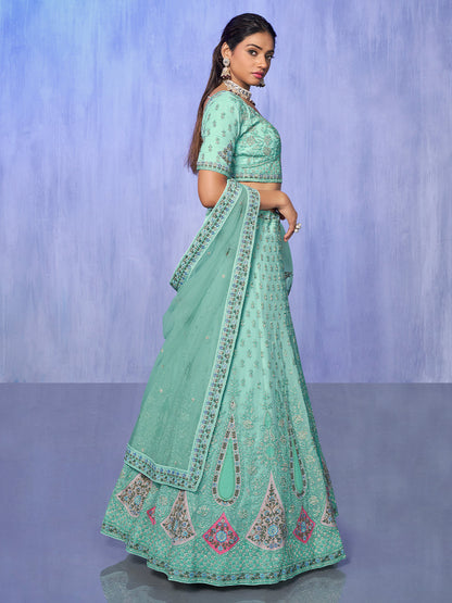 Odette Sea Green Embroidered Organza Semi Stitched Lehenga With Unstitched Blouse For Women