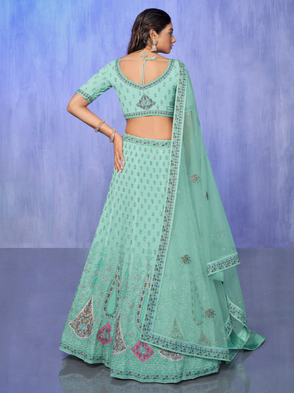 Odette Sea Green Embroidered Organza Semi Stitched Lehenga With Unstitched Blouse For Women