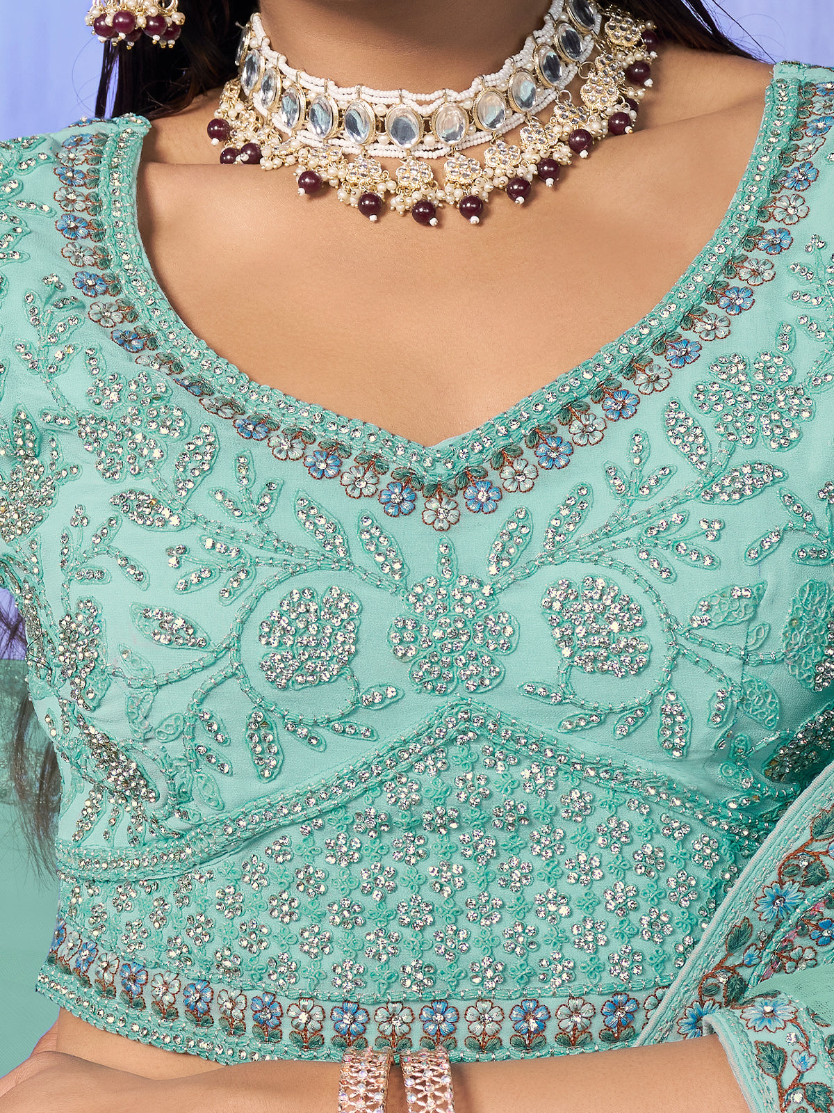 Odette Sea Green Embroidered Organza Semi Stitched Lehenga With Unstitched Blouse For Women