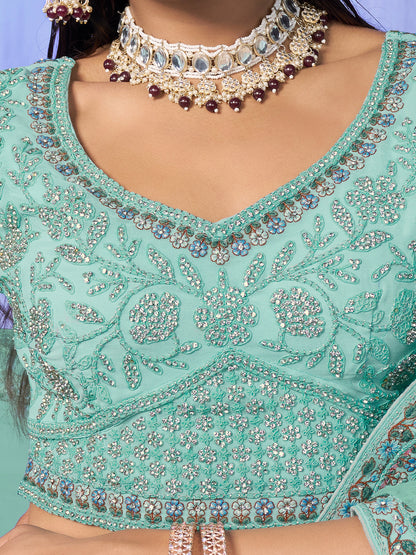 Odette Sea Green Embroidered Organza Semi Stitched Lehenga With Unstitched Blouse For Women
