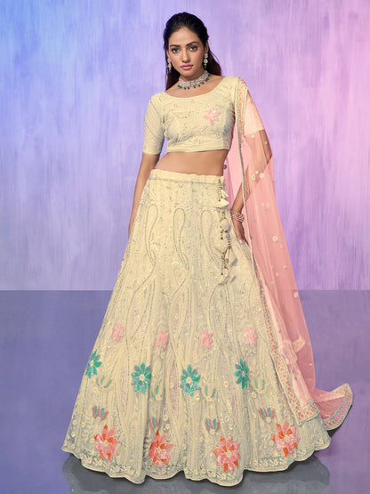 Odette Off White Embroidered Net Semi Stitched Lehenga With Unstitched Blouse  For Women