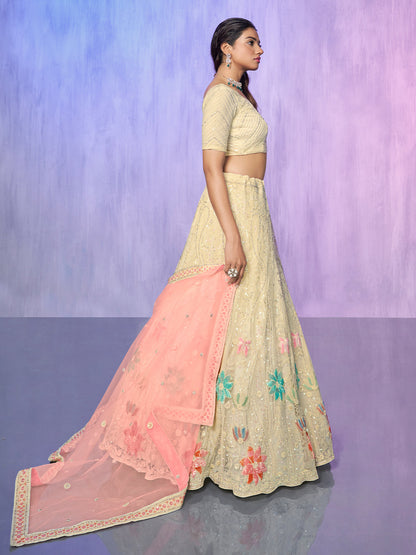 Odette Off White Embroidered Net Semi Stitched Lehenga With Unstitched Blouse  For Women
