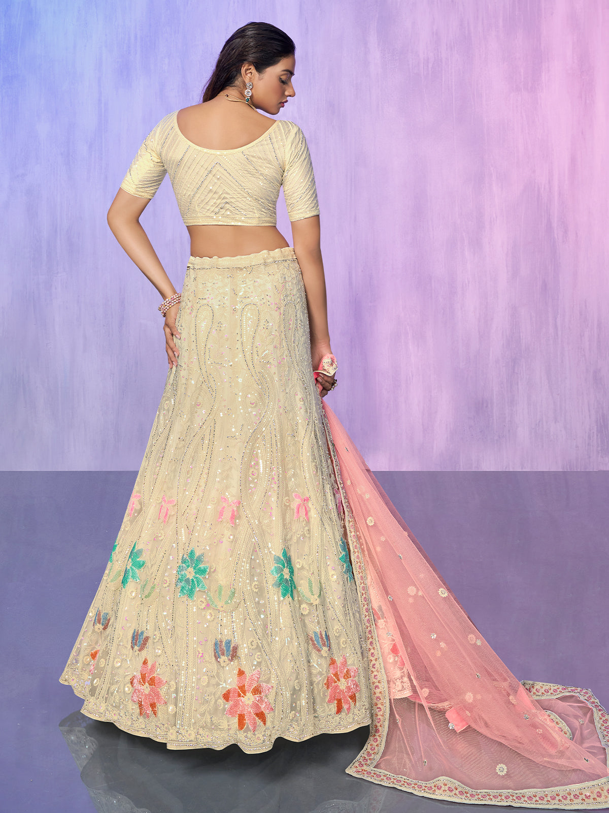 Odette Off White Embroidered Net Semi Stitched Lehenga With Unstitched Blouse  For Women