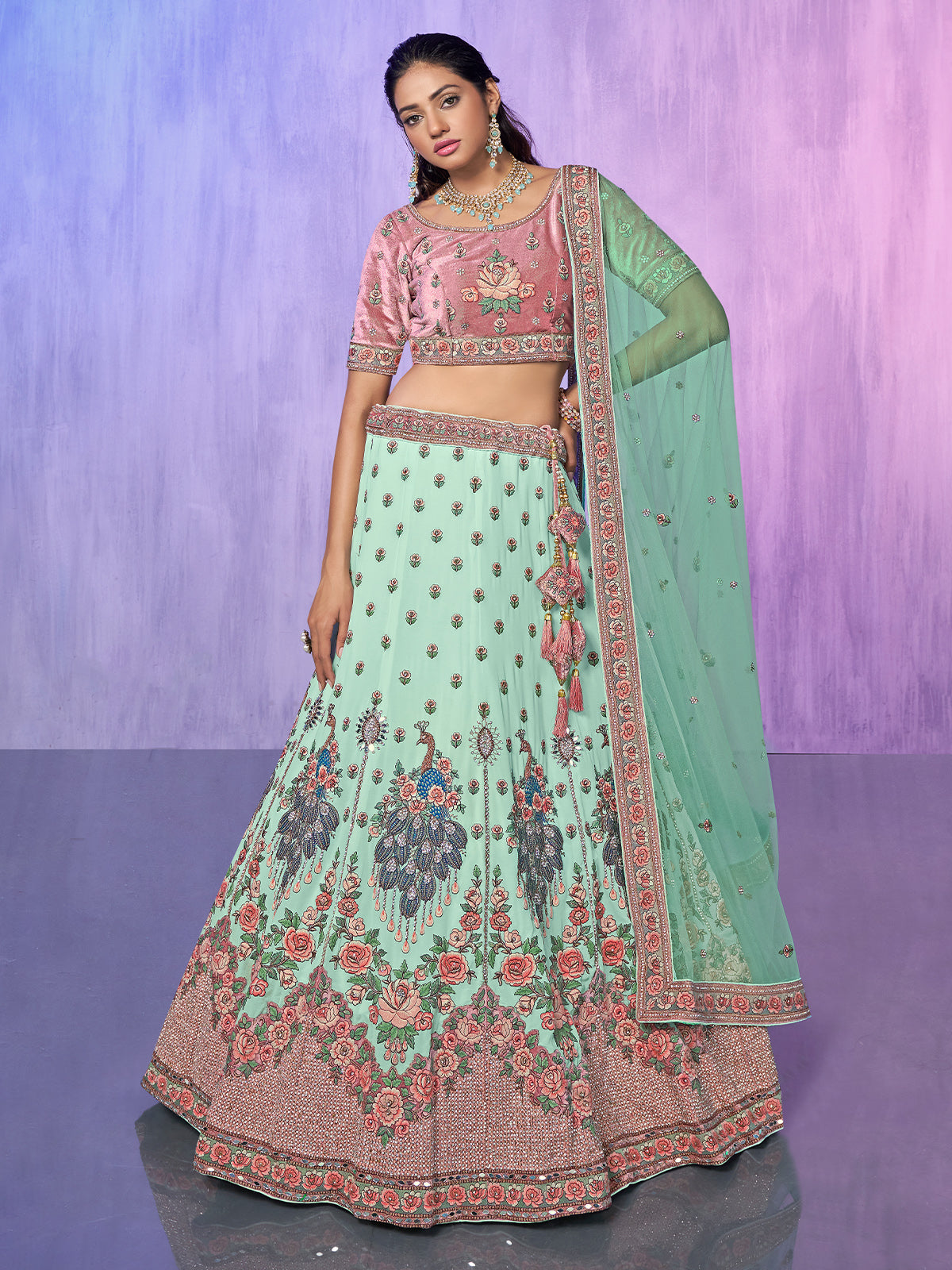 Odette Sea Green Embroidered Georgette Semi Stitched Lehenga With Unstitched Blouse For Women
