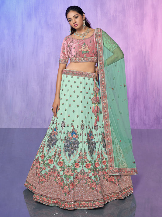 Odette Sea Green Embroidered Georgette Semi Stitched Lehenga With Unstitched Blouse For Women