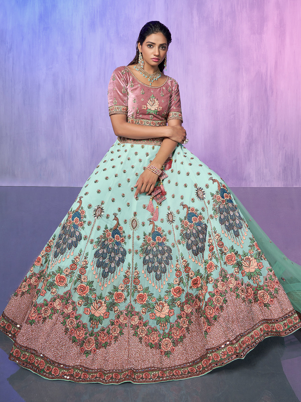 Odette Sea Green Embroidered Georgette Semi Stitched Lehenga With Unstitched Blouse For Women