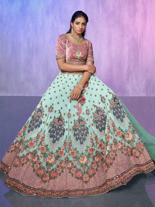 Odette Sea Green Embroidered Georgette Semi Stitched Lehenga With Unstitched Blouse For Women