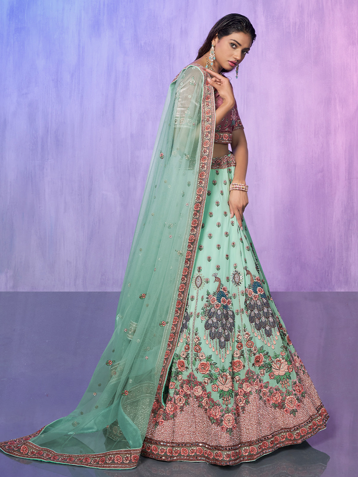 Odette Sea Green Embroidered Georgette Semi Stitched Lehenga With Unstitched Blouse For Women
