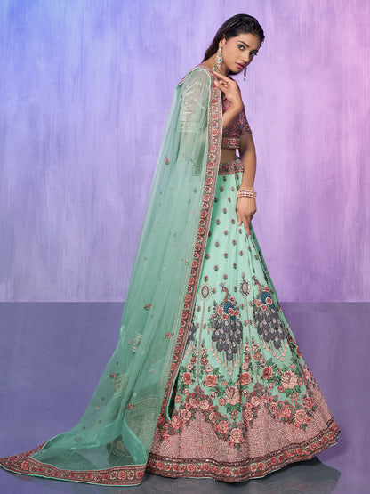 Odette Sea Green Embroidered Georgette Semi Stitched Lehenga With Unstitched Blouse For Women
