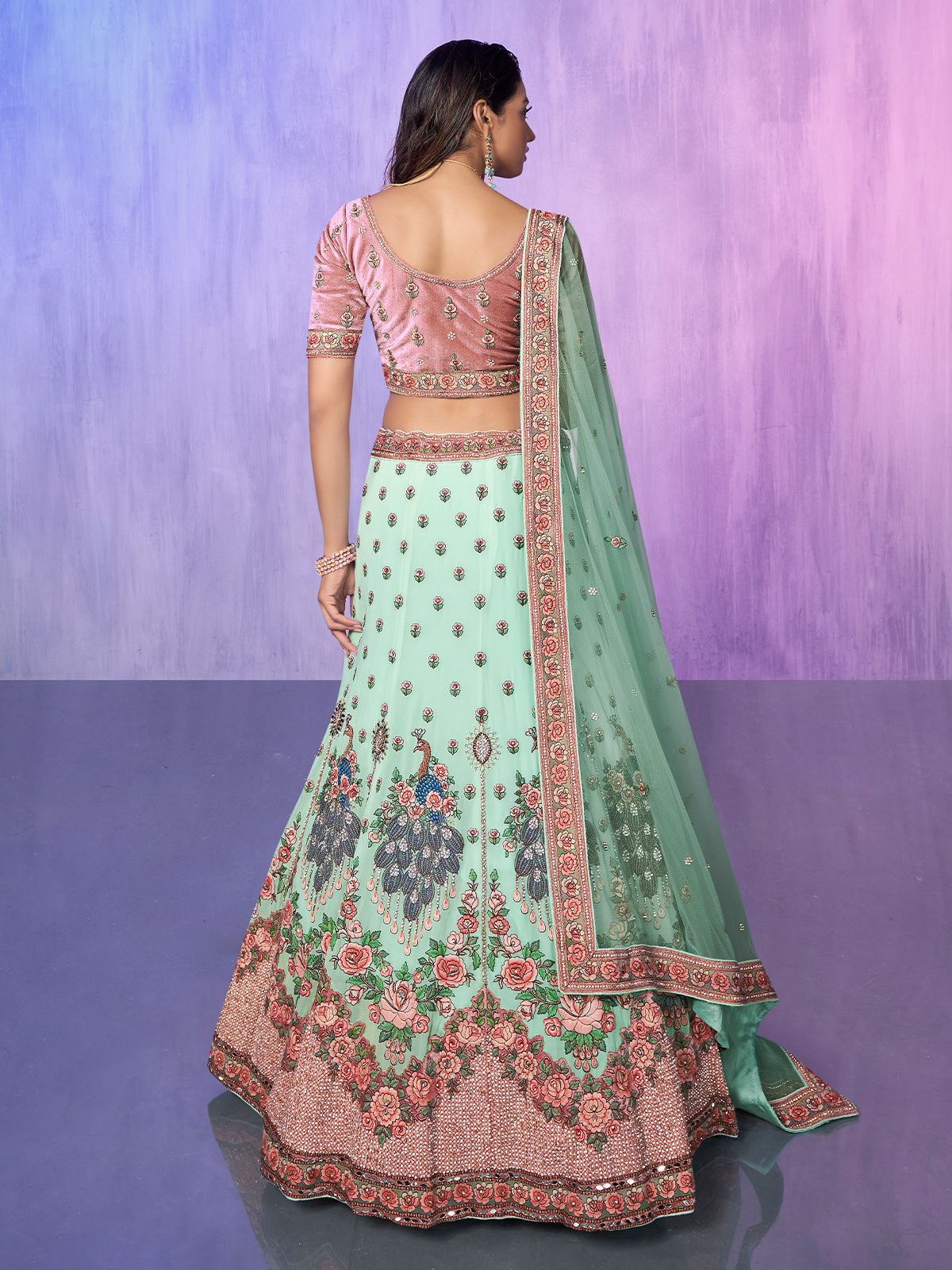 Odette Sea Green Embroidered Georgette Semi Stitched Lehenga With Unstitched Blouse For Women