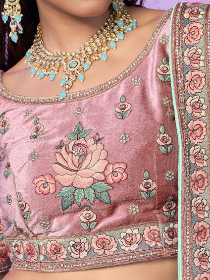 Odette Sea Green Embroidered Georgette Semi Stitched Lehenga With Unstitched Blouse For Women