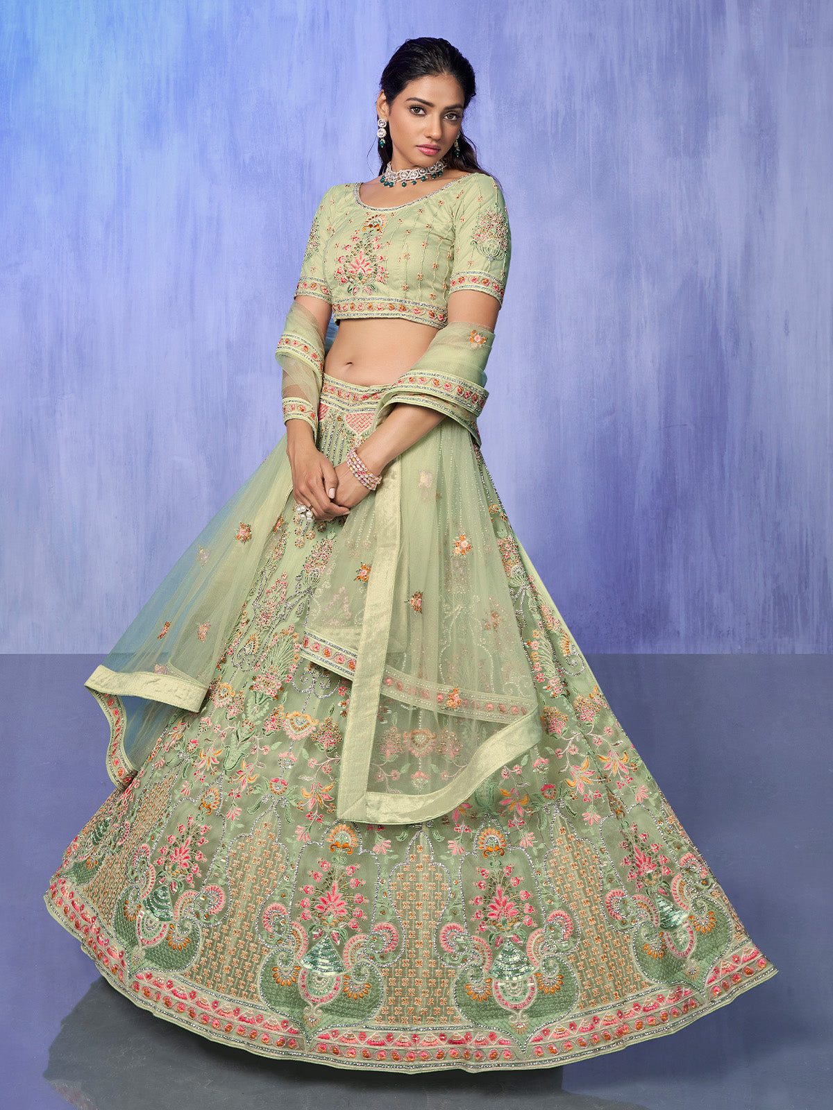 Odette Green Embroidered Net Semi Stitched Lehenga With Unstitched Blouse  For Women
