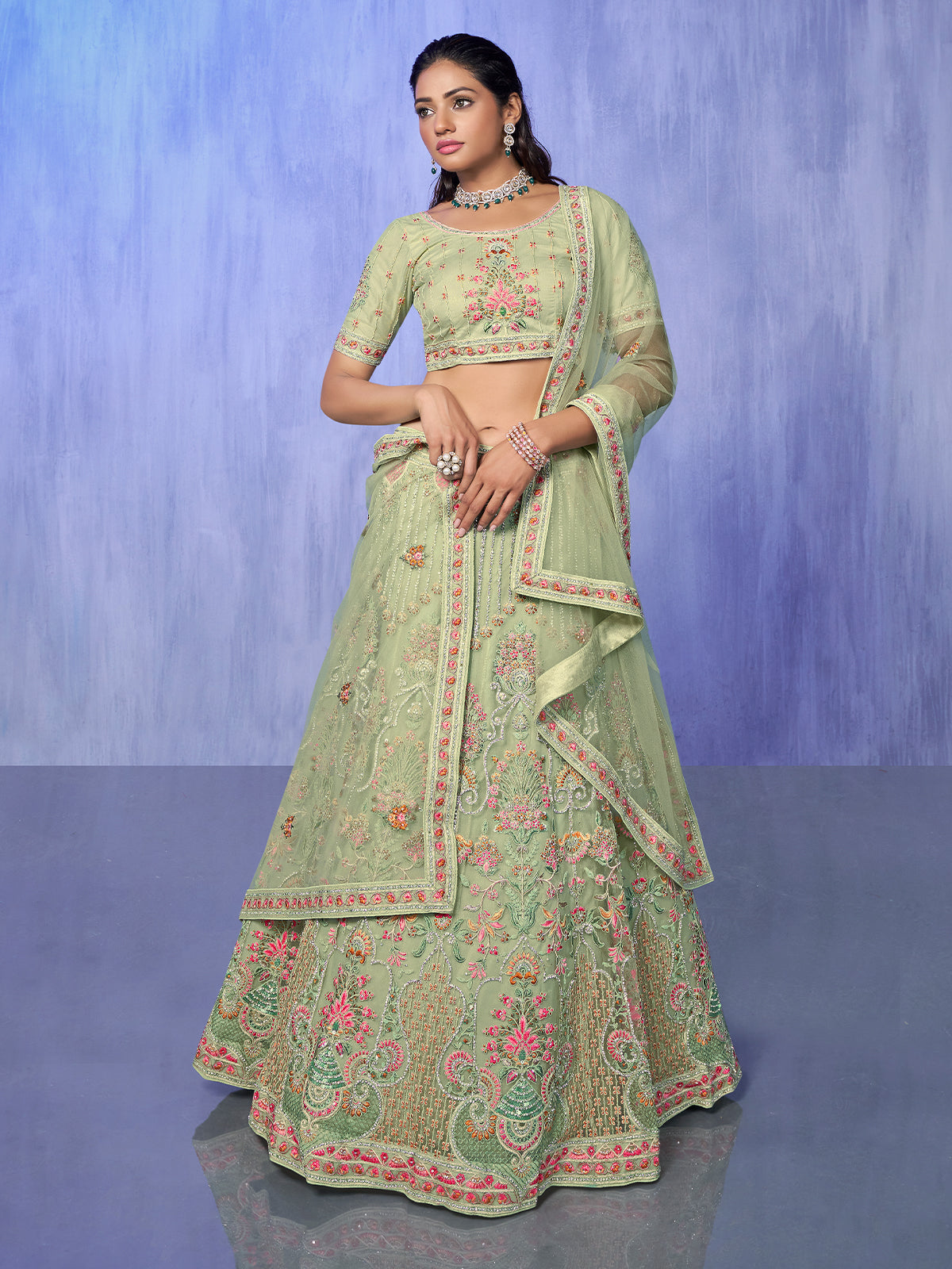 Odette Green Embroidered Net Semi Stitched Lehenga With Unstitched Blouse  For Women