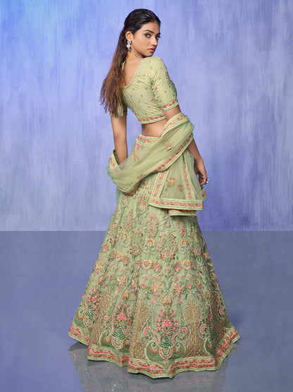 Odette Green Embroidered Net Semi Stitched Lehenga With Unstitched Blouse  For Women