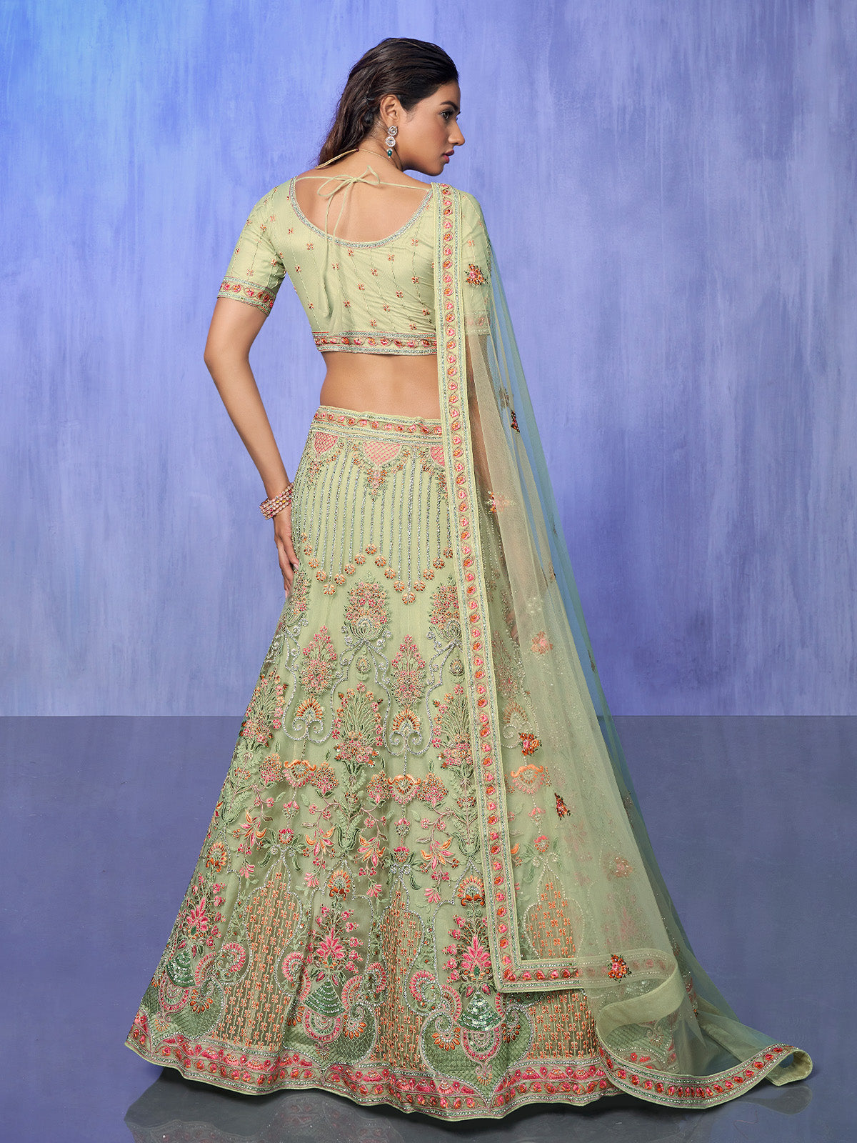 Odette Green Embroidered Net Semi Stitched Lehenga With Unstitched Blouse  For Women