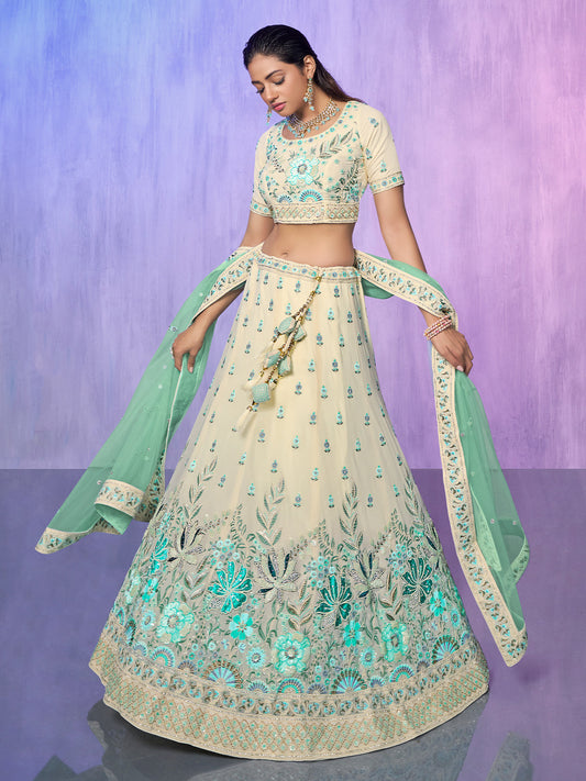 Odette Off White Embroidered georgette Semi Stitched Lehenga With Unstitched Blouse  For Women