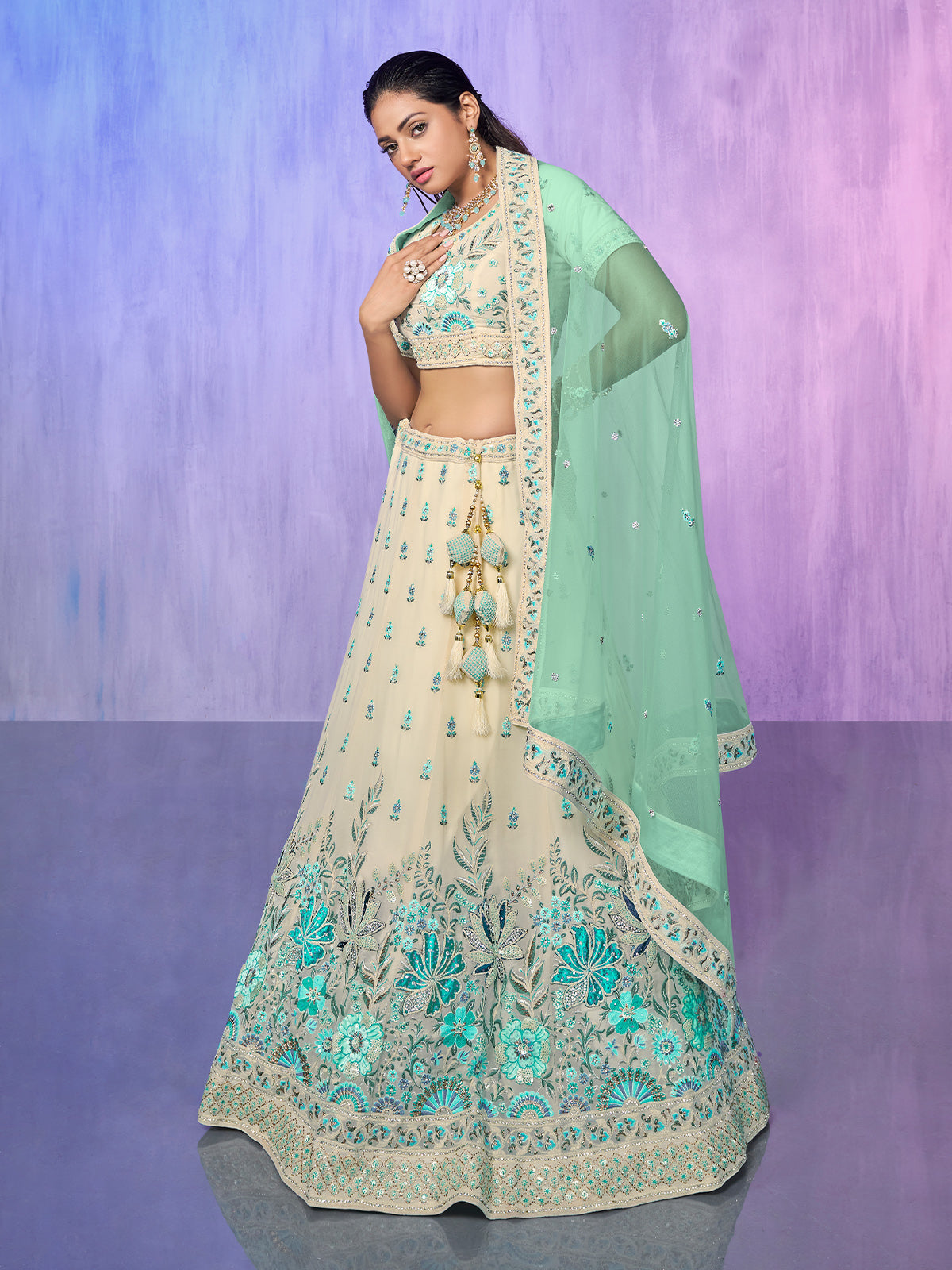 Odette Off White Embroidered georgette Semi Stitched Lehenga With Unstitched Blouse  For Women