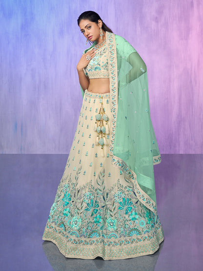 Odette Off White Embroidered georgette Semi Stitched Lehenga With Unstitched Blouse  For Women