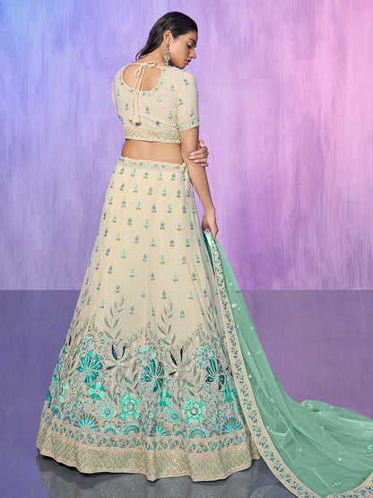 Odette Off White Embroidered georgette Semi Stitched Lehenga With Unstitched Blouse  For Women
