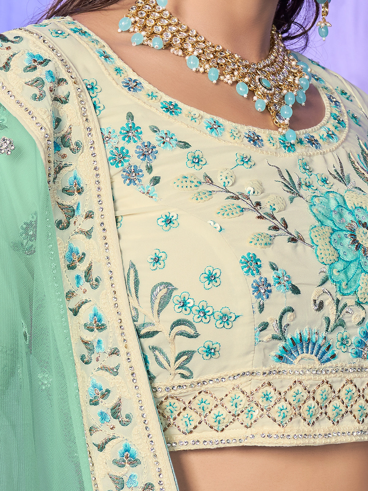 Odette Off White Embroidered georgette Semi Stitched Lehenga With Unstitched Blouse  For Women